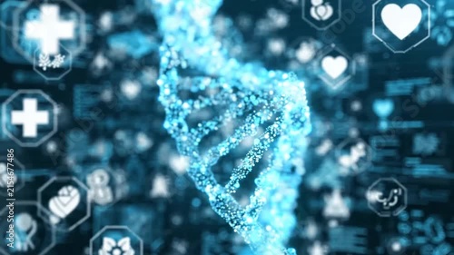 Abstract medical research dna helix with health icons and digital network
