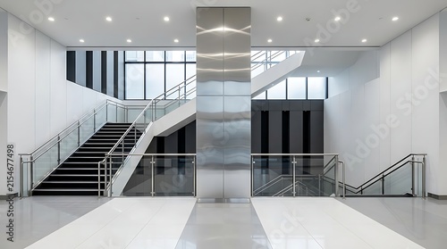 Staircase in Modern Office Lobby with Glass Railings and Metallic Pillar