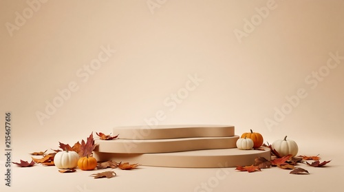 Elegant Autumn Product Podium with Pumpkins and Fall Leaves