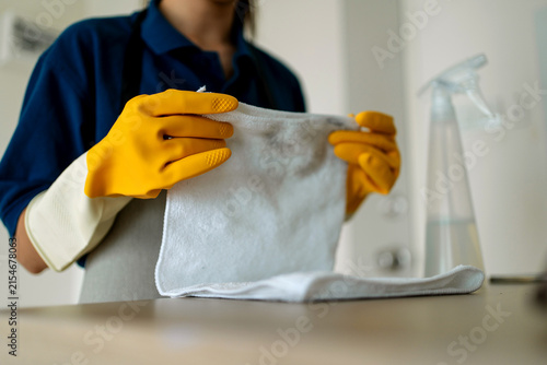 Professional Asian Female Cleaner Wearing Yellow Protective Gloves and Holding a Microfiber Cloth and Spray Bottle for Household Surface Cleaning and Hygiene Maintenance