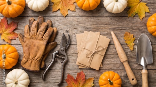 Rustic Autumn Harvest and Gardening Flat Lay Composition