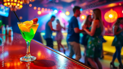 A cocktail in a nightclub in the colors green, orange and strawberry with dancing people in the background