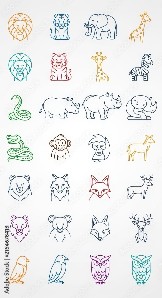 Obraz premium Colorful Line Art Animal and Mythical Creature Icons Set.