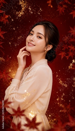 紅葉と金箔の舞う背景で微笑む美しい女性の秋コスメ美容広告ビジュアル