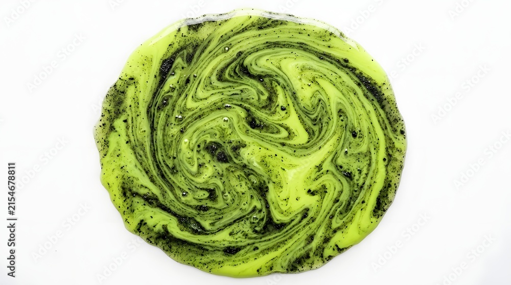Fototapeta premium Macro texture of green swirling liquid with black particles