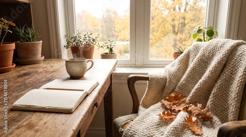 Cozy Autumn Window Scene with Coffee and Journal