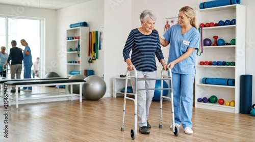 Caring Female Physiotherapist Helping Senior Woman to Walk with a Walker in Modern Rehabilitation Center