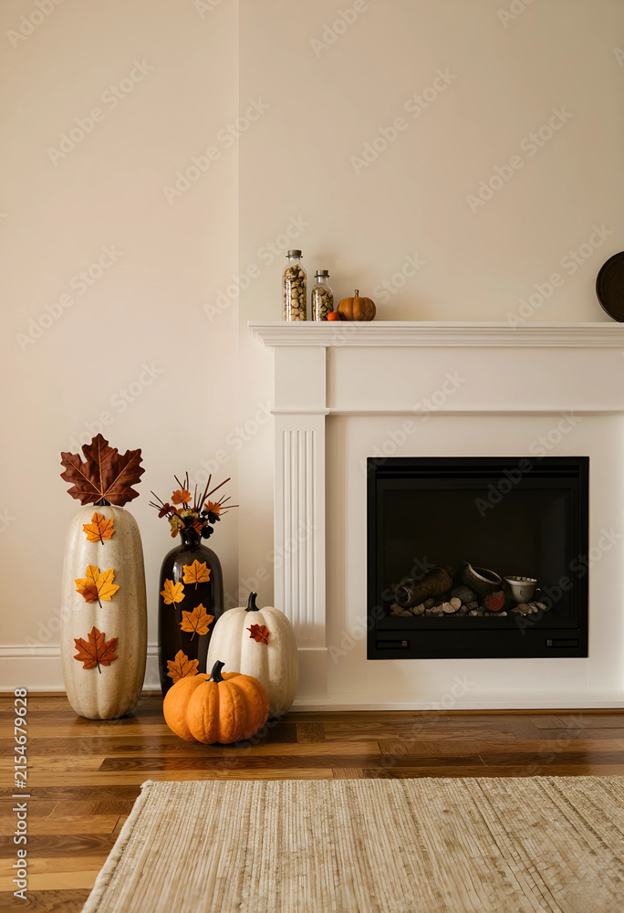 Fototapeta premium Autumn home decor with pumpkins and fall leaves arranged by a white fireplace and wooden floor