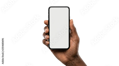 Obraz na płótnie Black person holding smartphone with blank screen, mobile phone mockup on white
