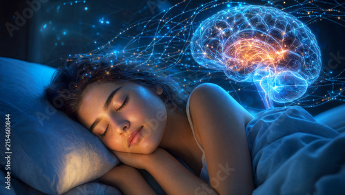 Young woman sleeping peacefully in bed with glowing digital brain visualization for dream research neuroscience, mental health, sleep study.
