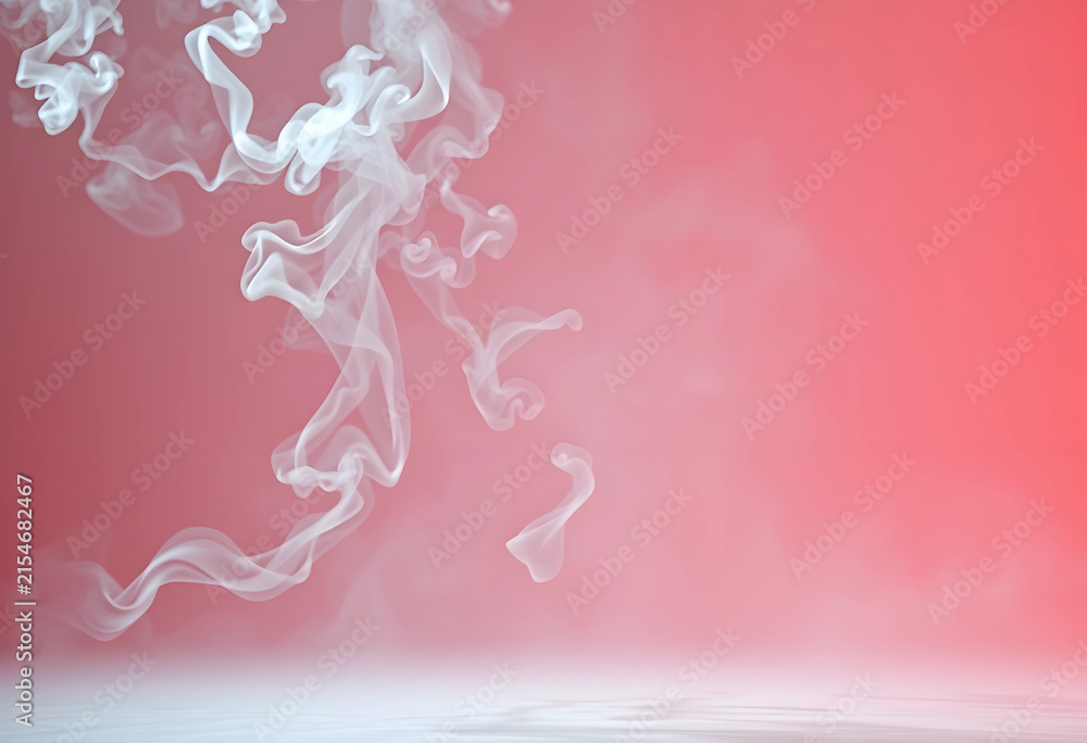 Obraz premium White smoke or vapor rising and swirling against a soft pink background with copy space for abstract design, the fluid motion of the smoke forms delicate patterns and textures, providing a serene