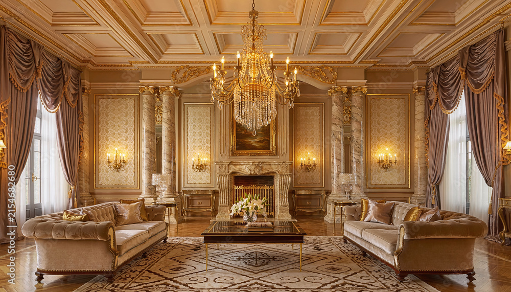 Fototapeta premium Step into ultimate luxury in this opulent palace living room featuring ornate gold decor, a grand crystal chandelier, plush velvet sofas, and a fireplace with nobody inside.