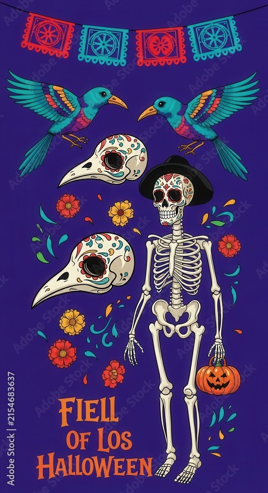 Naklejka premium Colorful Day of the Dead Skeleton with Festive Decorations.