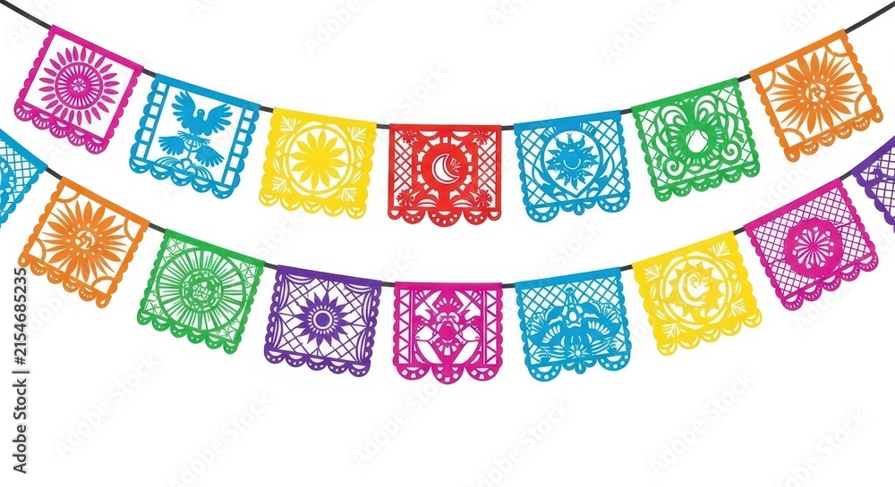 Naklejka premium Colorful Mexican papel picado banner decorations.