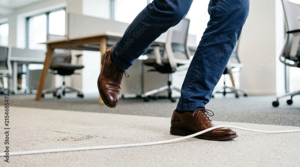 Obraz premium Businessman Tripping Over Loose Cable on Office Floor - Workplace Safety Hazard Concept