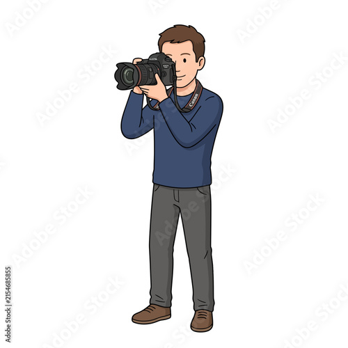 Male Photographer Taking Photos with Professional Camera Flat Vector Illustration