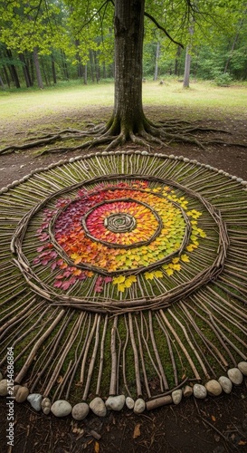 Colorful Mandala Art Beneath a Tree in a Forest.