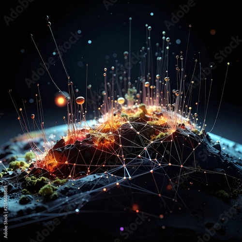 A surreal 3D abstract visualization of a glowing neural network emerging from a dark mossy landscape, representing technological growth and data connectivity. Nobody, no people, cosmic, ethereal.