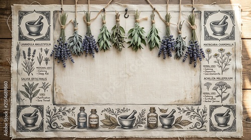 Herbalist apothecary canvas with dried lavender and botanical illustrations.
