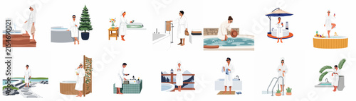 Collection of flat vector illustrations depicting people in white bathrobes at a luxury spa resort, featuring wellness activities like swimming, hot tub relaxation, sauna, and massage.