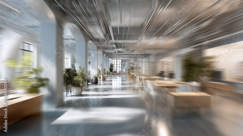 Flexible workspace interior, blurred perspective