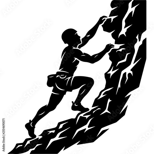 Silhouette of Mountain Climber Scaling Rock Face on White Background, Vector Climbing Icon, Outdoor Adventure Sport Graphic Design Element
