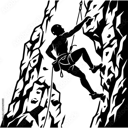 Mountain Climbing Silhouette, Rock Climber Scaling Cliff With Rope And Safety Helmet, Black Stock Vector Illustration For Adventure Sport Design