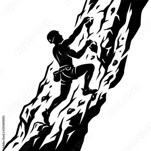Mountain climber silhouette wearing helmet and gear scaling steep rock face. Black and white vector illustration for outdoor adventure themes, sports logos, and travel design.