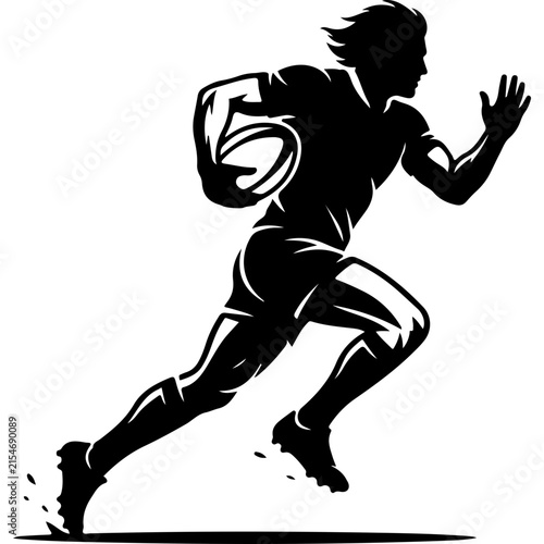 Vector silhouette of a rugby player holding a ball. Black and white sports action illustration. Dynamic running athlete graphic for logos and print.