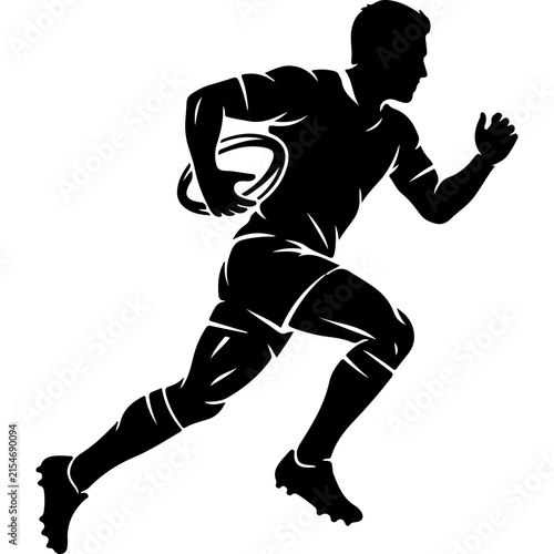 Dynamic Football Player Silhouette Vector. Rugby Running Pose, Action Shot of Athlete in Uniform Holding Oval Ball. High Contrast Black Vector Graphic for Sports Design