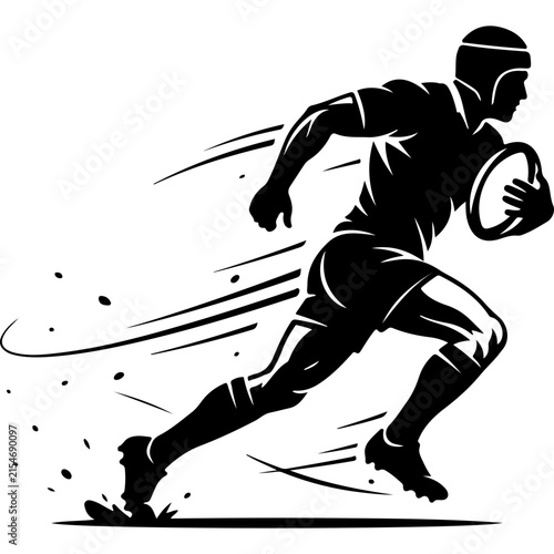 American Football Player Silhouette, Black and White Vector Illustration of Goal Line Back Sprinting with Ball, Speed Lines and Action, Dynamic Sport Icon or Logo Concept