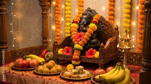 Beautifully decorated Lord Ganesha idol for Ganesh Chaturthi festival