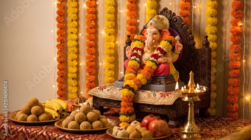 Beautifully decorated Lord Ganesha idol for Ganesh Chaturthi festival