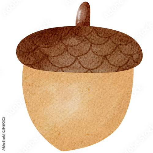 watercolor illustration of a textured brown acorn, perfect for Thanksgiving menu cards, autumn festival designs, forest-themed decor, and printable sticker sets