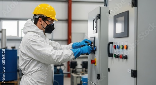 Industrial technician in yellow hard hat and safety gear operating control panel on complex machinery