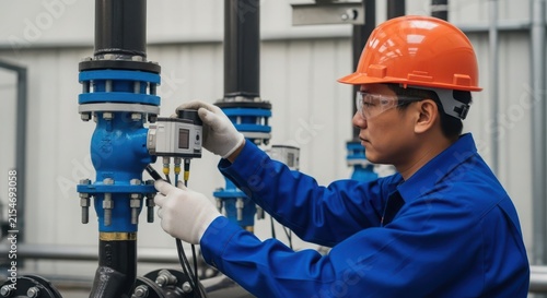 Industrial technician installing and testing equipment in a facility