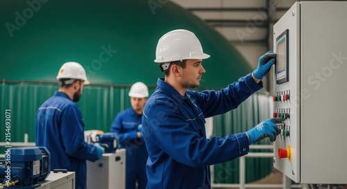 Industrial technicians in blue uniforms and hardhats operating machinery in a factory setting