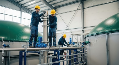 Industrial Technicians Collaboratively Assembling Complex Machinery and Piping Systems within a Modern Factory Facility
