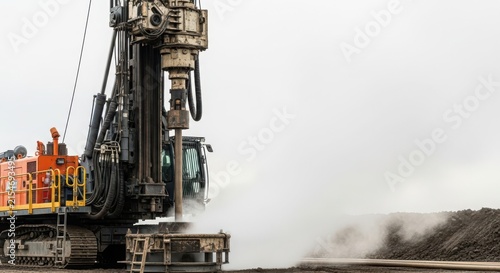 Massive industrial drilling rig operates intensely on site, creating deep boreholes for resource extraction with powerful machinery and a cloud of dust.