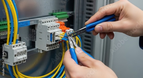 Skilled technician expertly connecting electrical wires with tools in a complex industrial panel