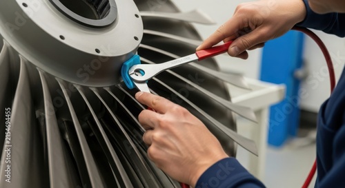 Skilled technician carefully uses a wrench to repair a complex jet engine turbine blade in a modern industrial facility.