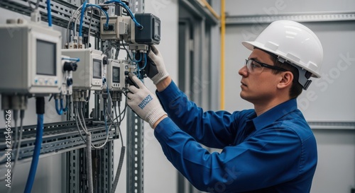 Skilled technician installs complex automation equipment on industrial control panel