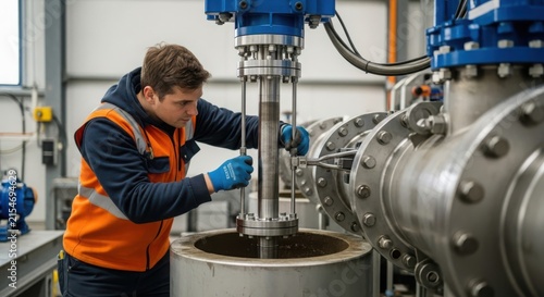 Skilled technician meticulously aligning industrial machinery components within a modern manufacturing facility, ensuring operational precision and efficiency.