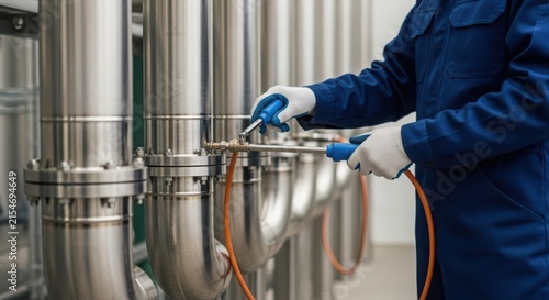 Skilled technician performing leak testing on industrial piping system with specialized tools
