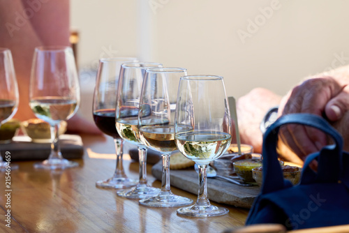 Close-up of wine tasting glasses filled with different wines at a vineyard in Stellenbosch, South Africa, in the Cape Winelands.