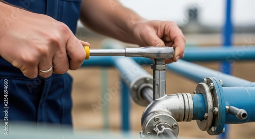 Skilled technician uses a wrench to tighten a valve on industrial pipes in an outdoor facility