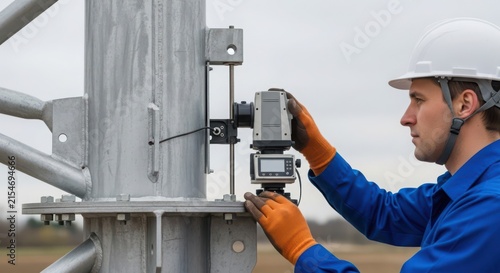Skilled technician meticulously measuring a large industrial tower with specialized surveying equipment outdoors