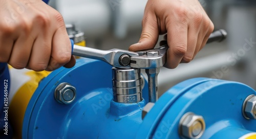 Skilled technician using a wrench to tighten a mechanical fitting on industrial equipment