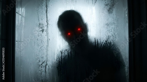 Spooky halloween horror shadow silhouette figure behind frosted glass with red glowing eyes monster