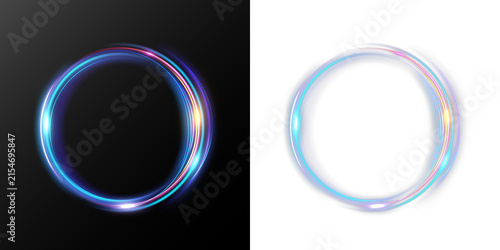 Glowing neon circular frames with blue cyan and pink light trails on black background.